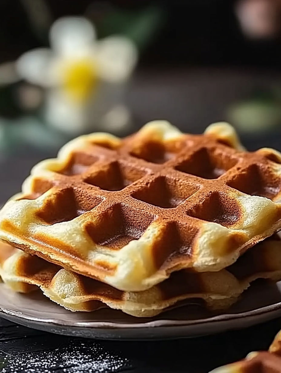 A stack of waffles on a plate.