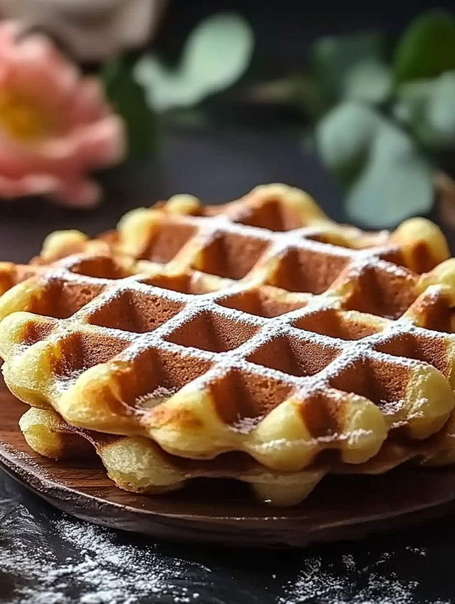 A waffle with powdered sugar on top.