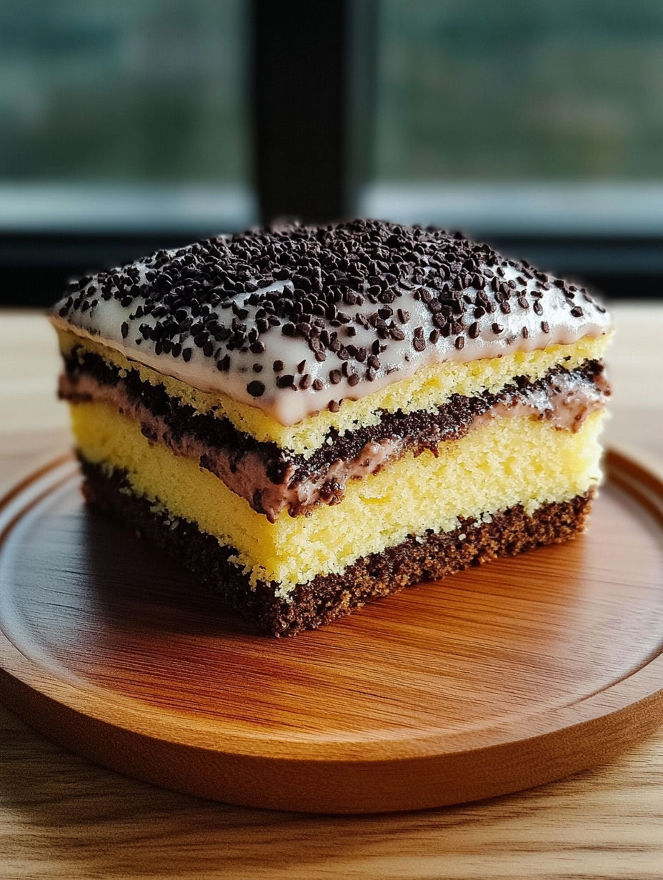 A slice of cake with chocolate and white frosting.