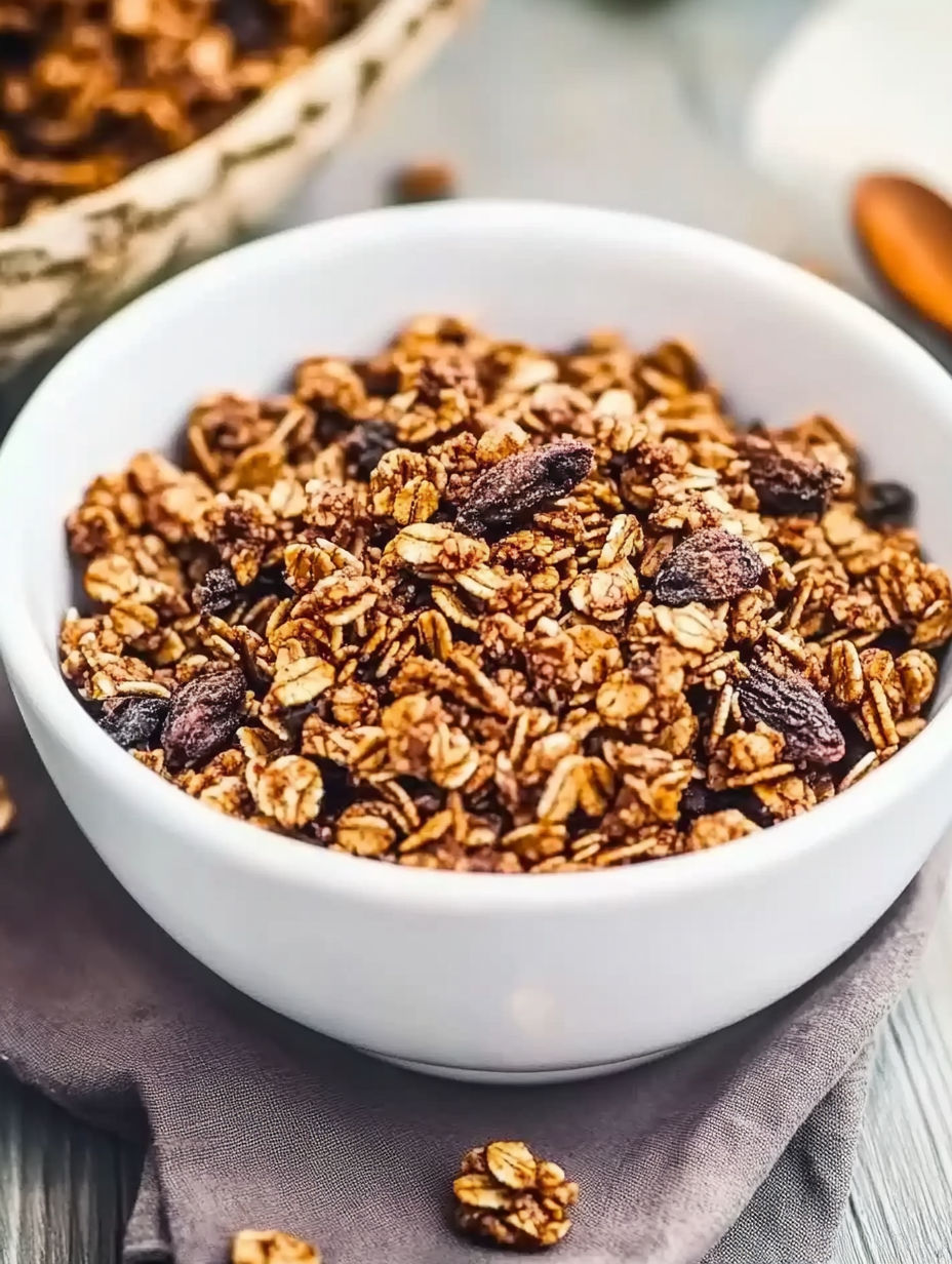 A bowl of granola with raisins.