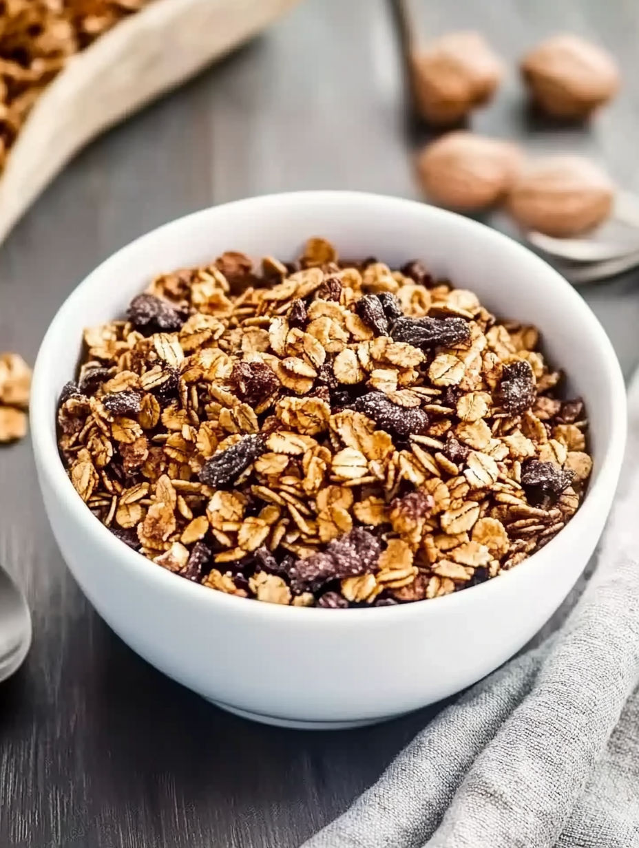 A bowl of granola with raisins.