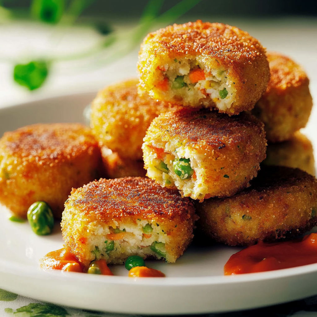 A plate of croquettes with vegetables and meat.