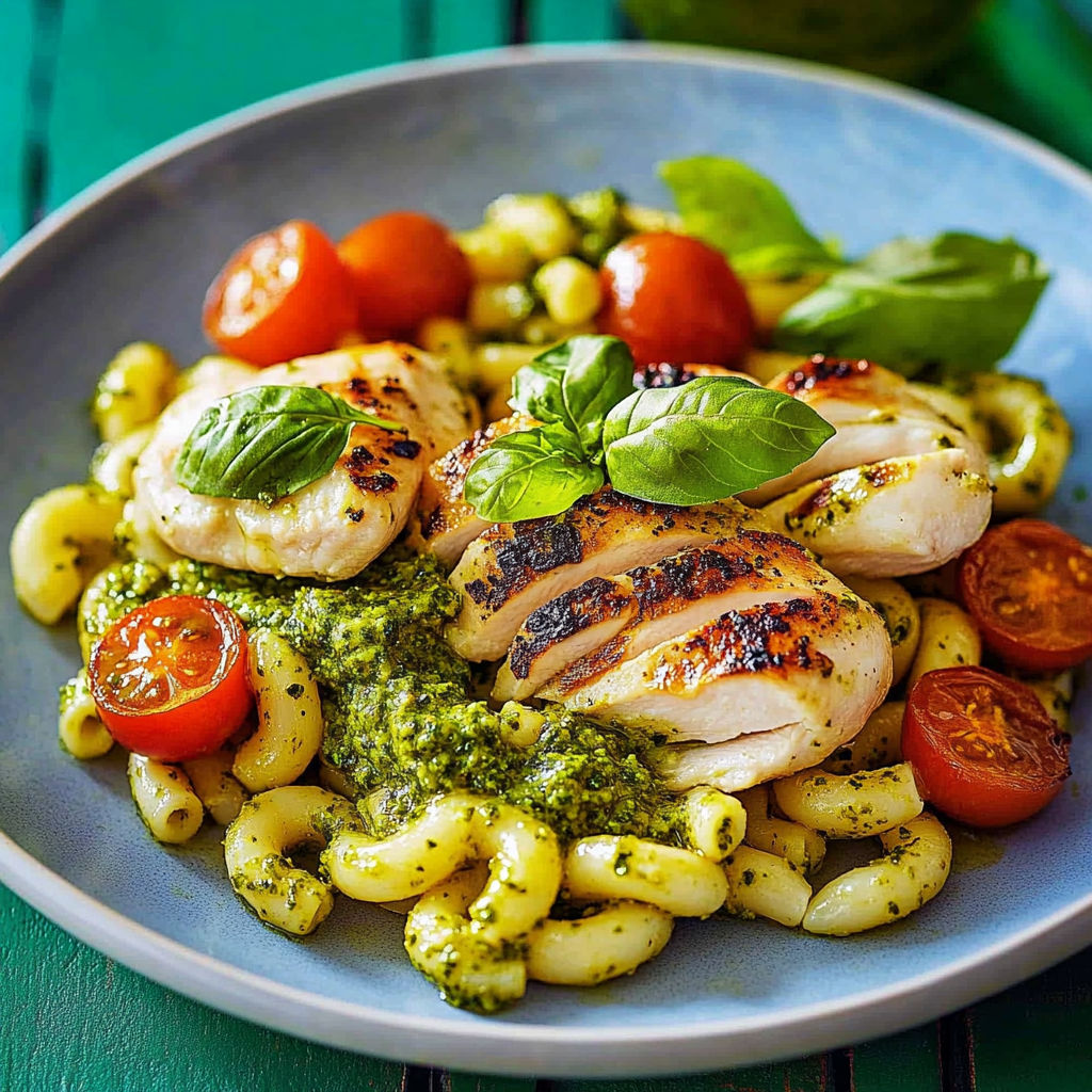 A plate of pasta with chicken and tomatoes.