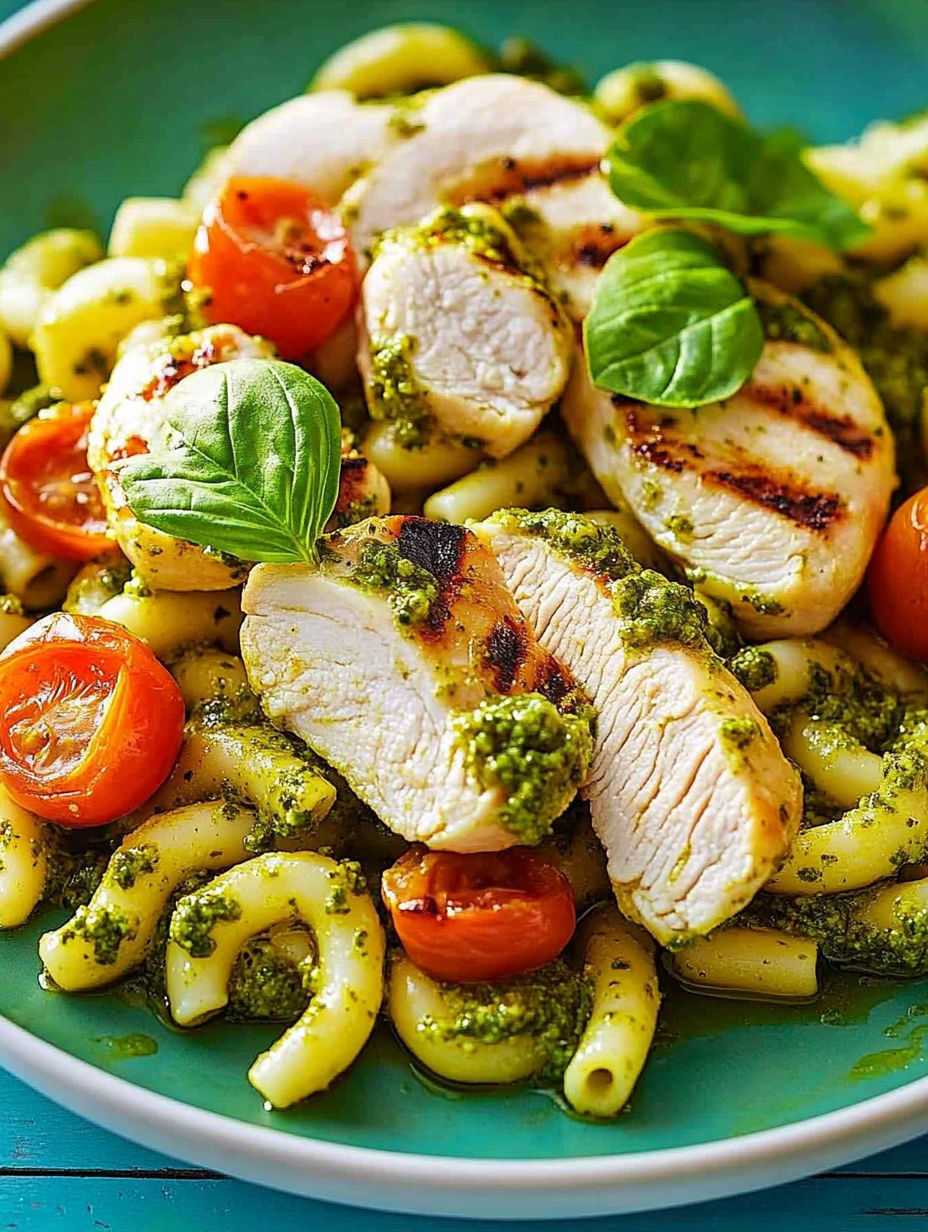 A plate of pasta with chicken and pesto sauce.