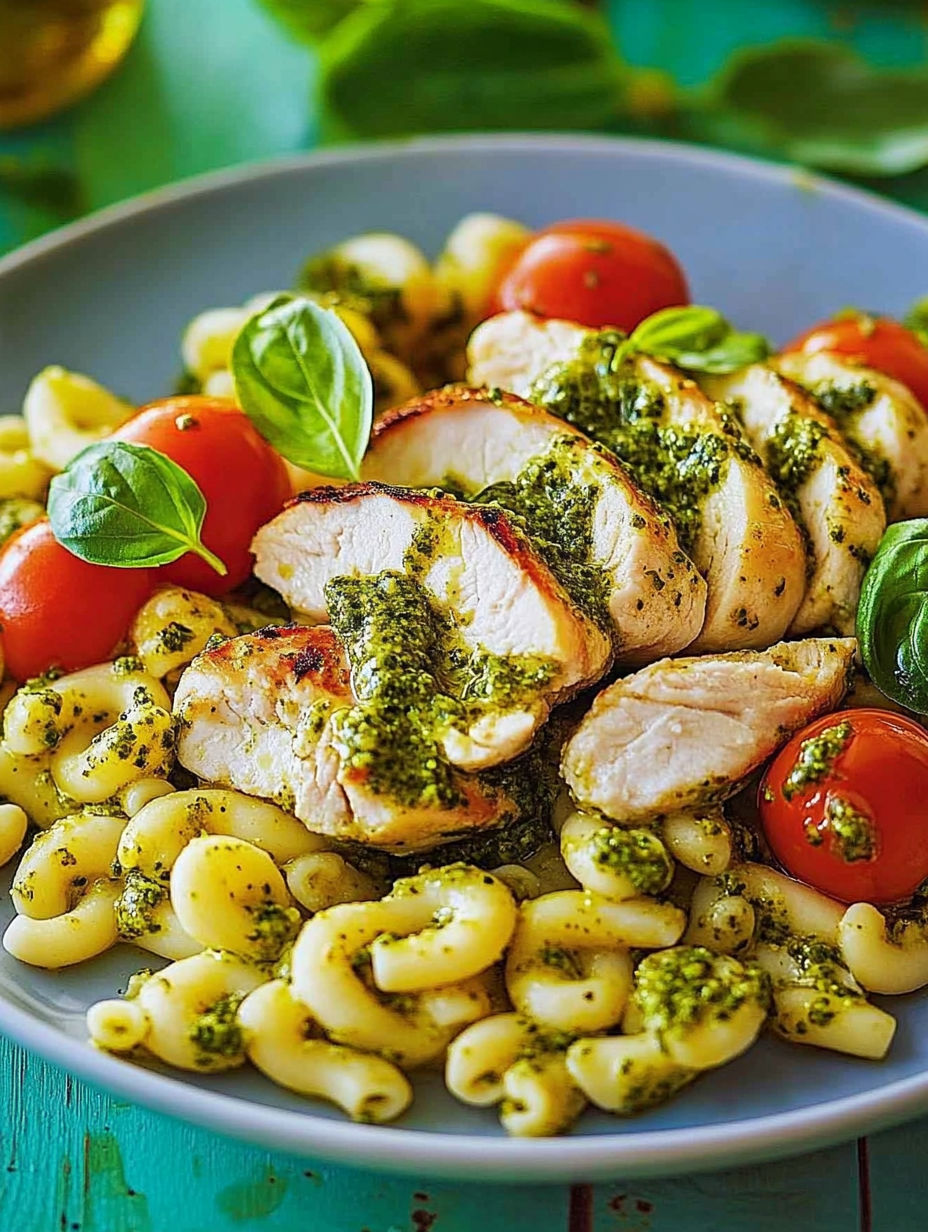 A plate of pasta with chicken and pesto sauce.