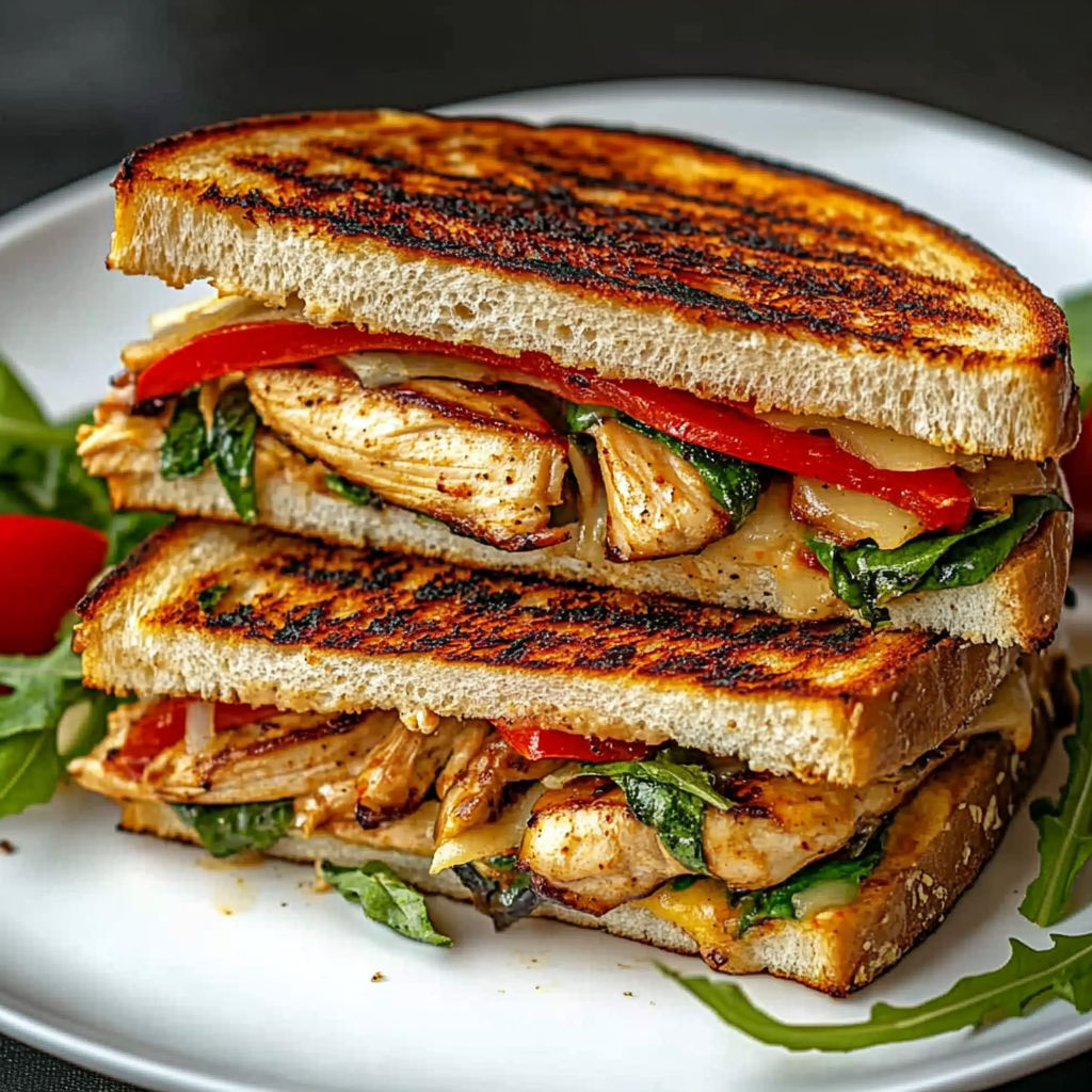 A sandwich with chicken, tomato, lettuce, and cheese.