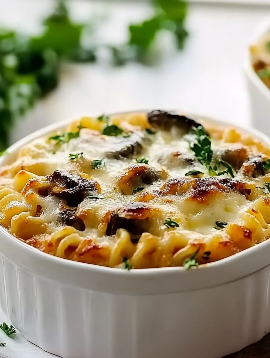 A bowl of pasta with mushrooms and cheese.