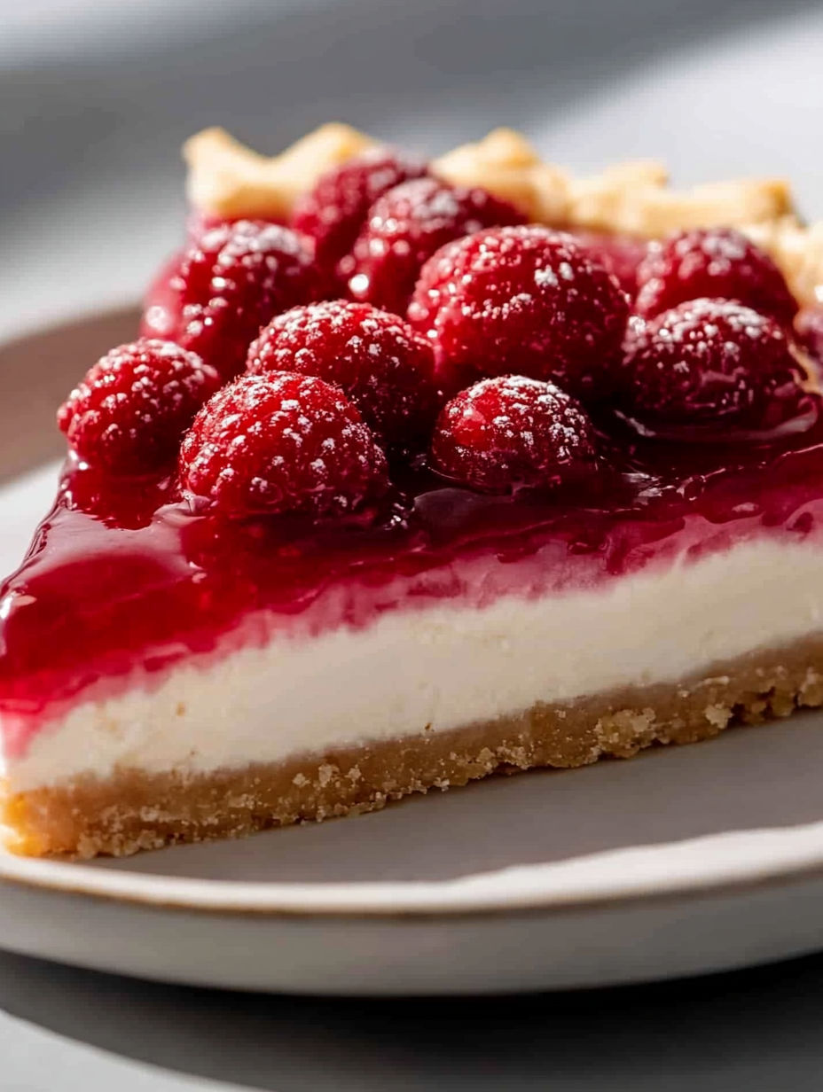 A slice of cheesecake with raspberries on top.