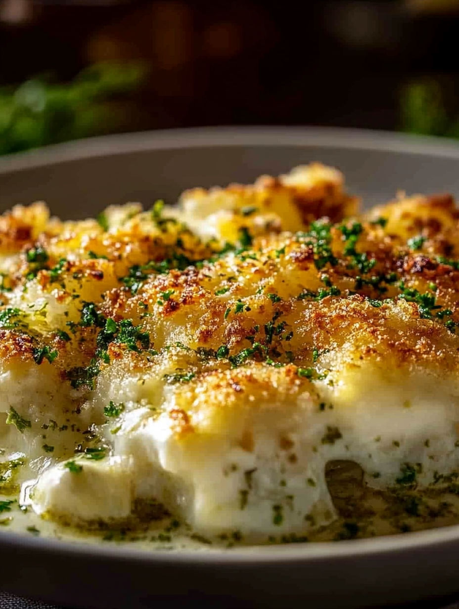 A plate of food with a white sauce and green herbs.