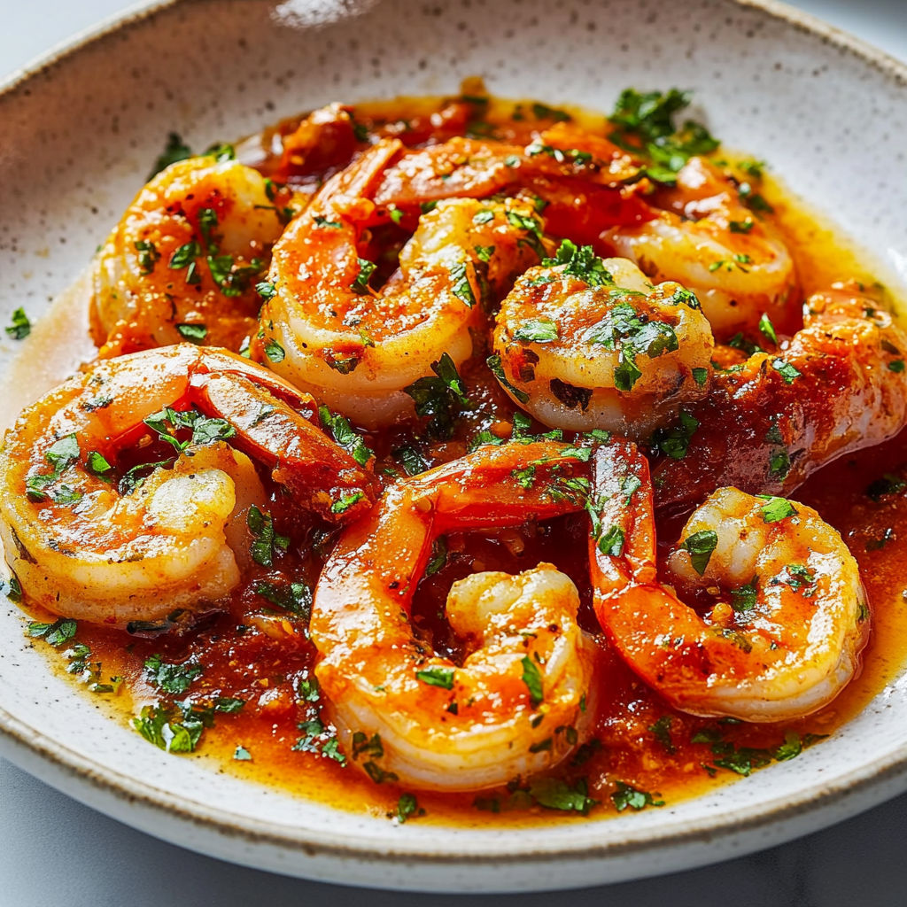 A bowl of shrimp in a tomato sauce.