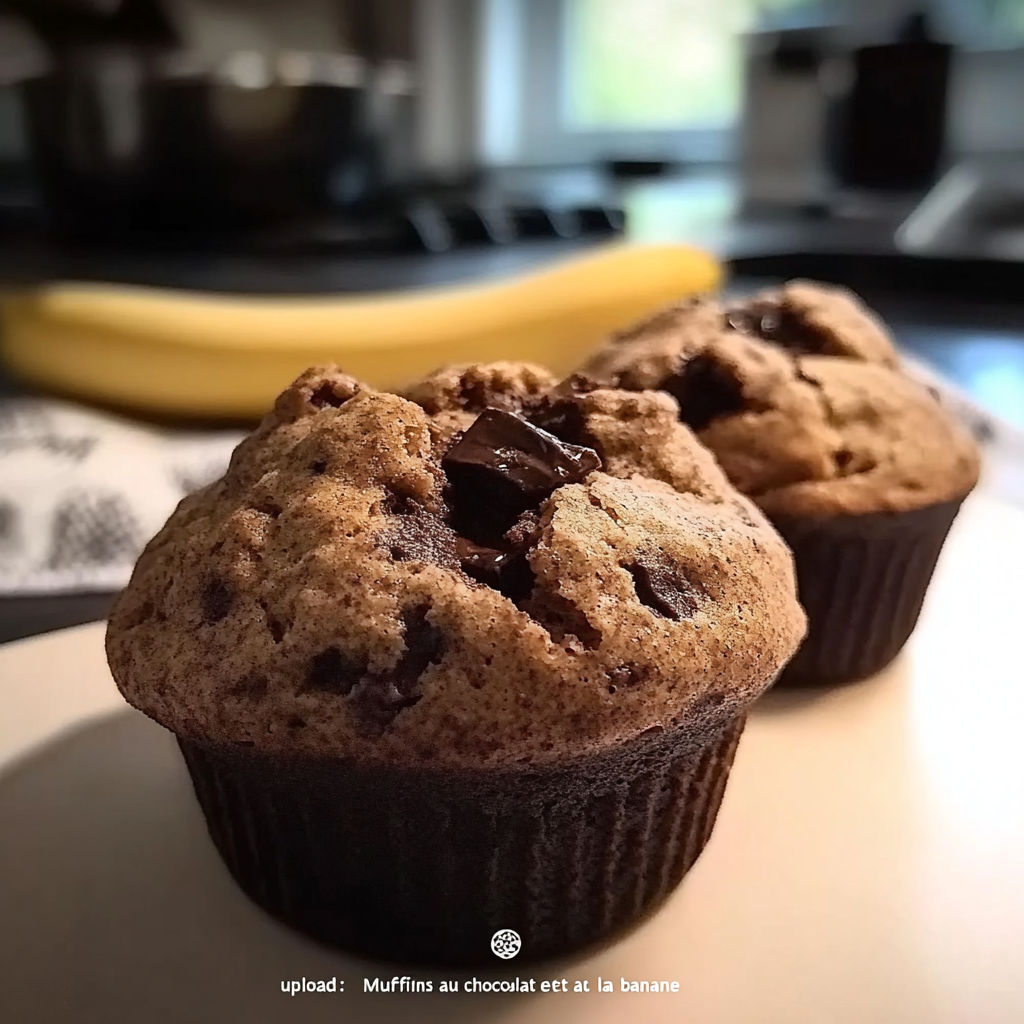 Two muffins with chocolate and banana flavors.