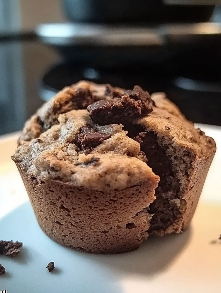 A chocolate chip muffin with a bite taken out of it.
