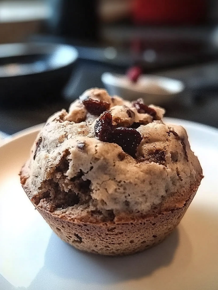 A muffin with chocolate chips and raisins.