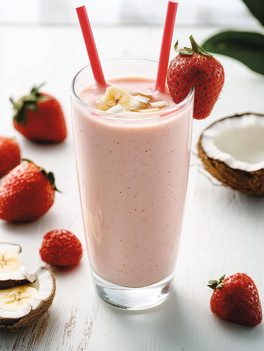 A glass of milk with bananas and strawberries.