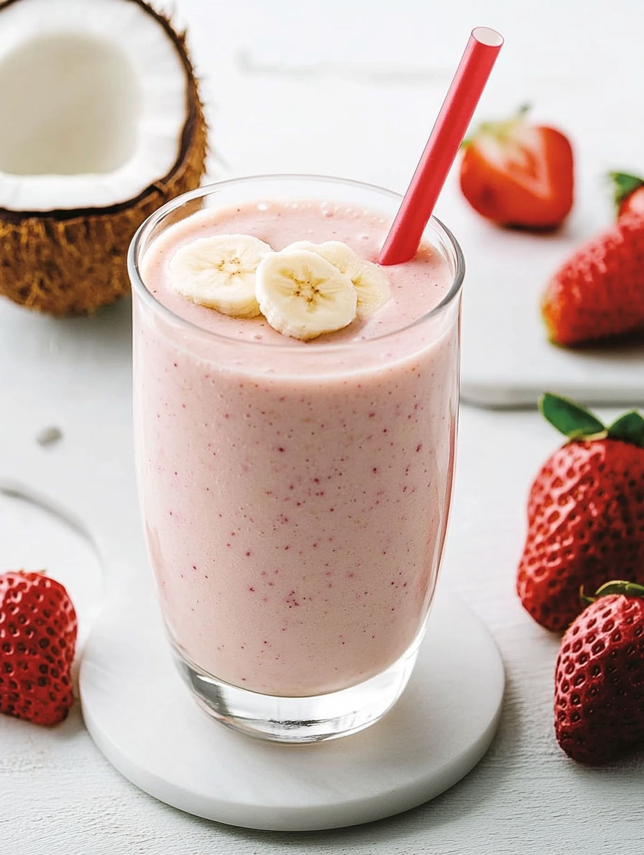 A glass of strawberry banana smoothie with a strawberry on top.