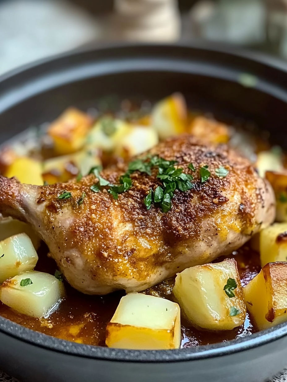 A close up of a chicken breast with potatoes and herbs.
