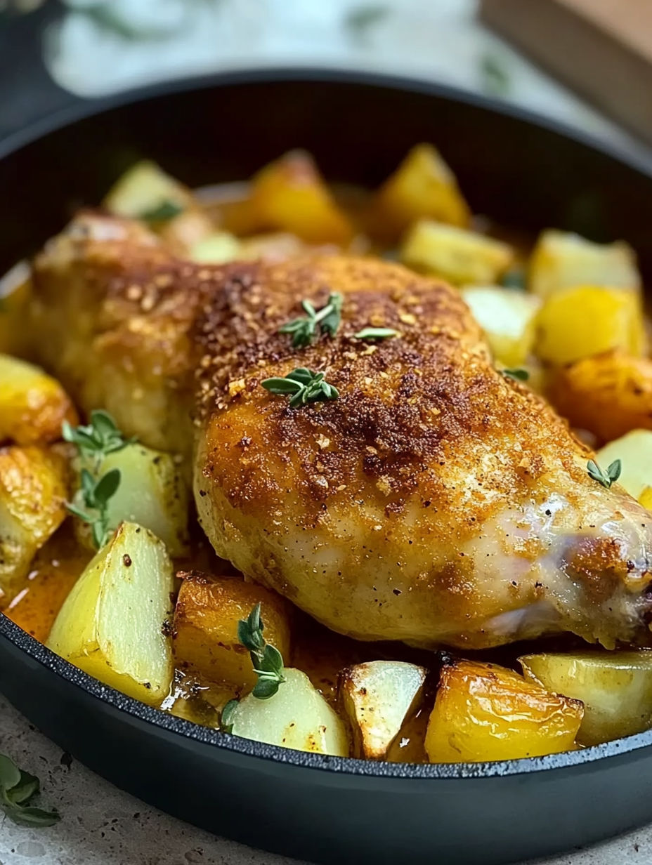 A close up of a chicken breast with potatoes and herbs.