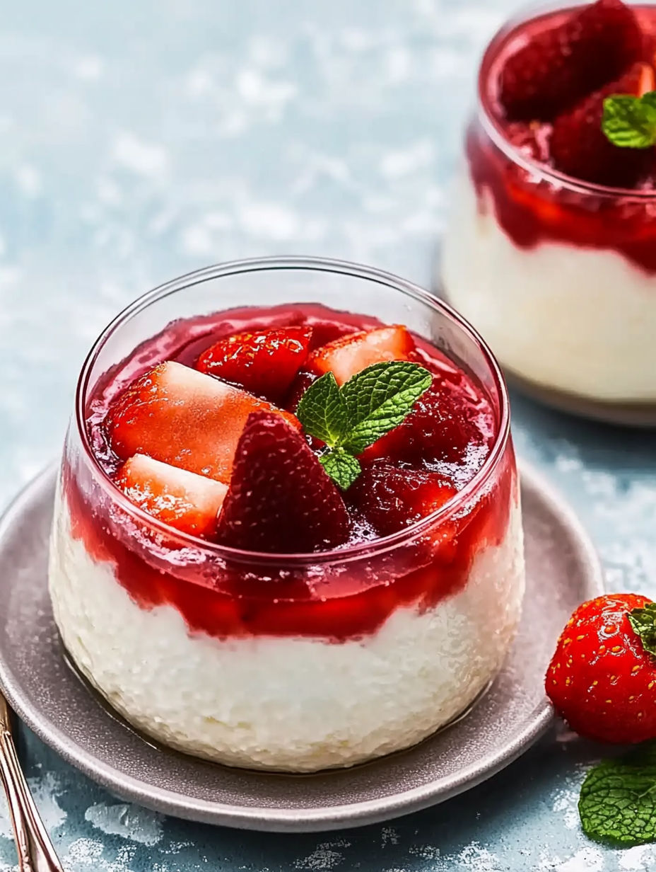 A glass of strawberry cheesecake with a strawberry on top.