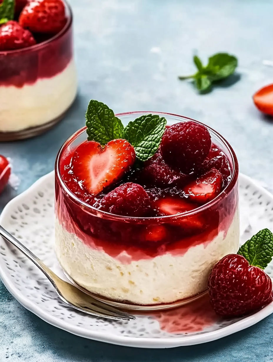 A glass of strawberry cheesecake with a mint garnish.