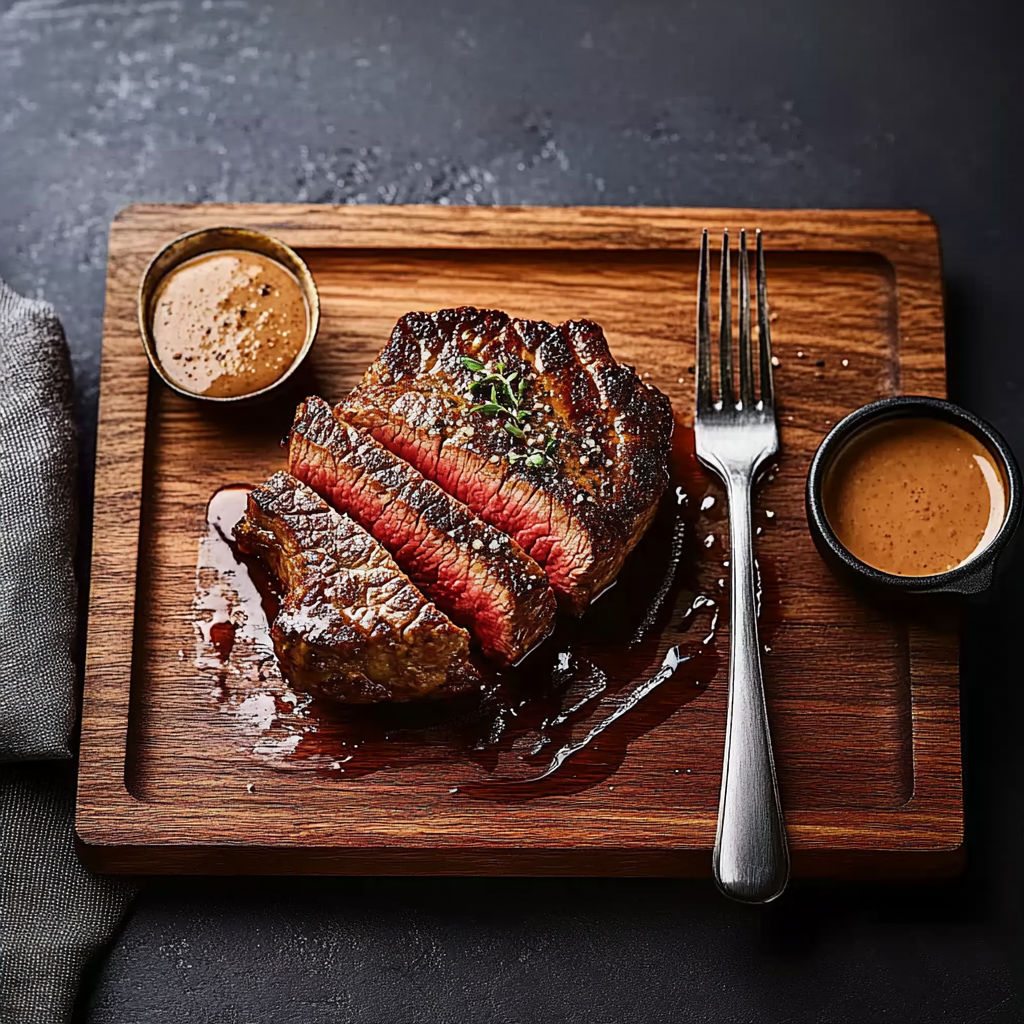 A plate of steak with a fork and a knife.