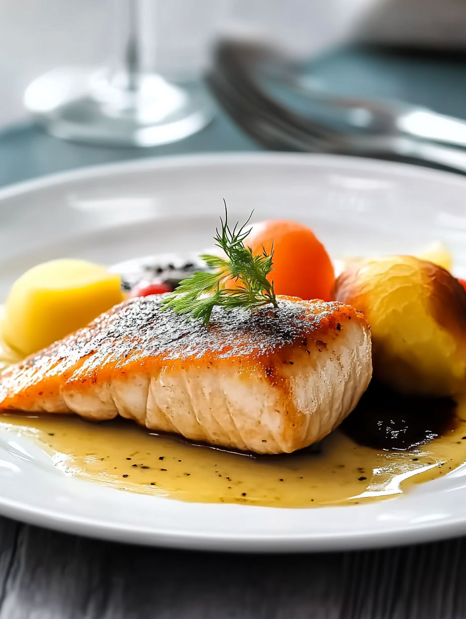 A plate of food with fish and vegetables.