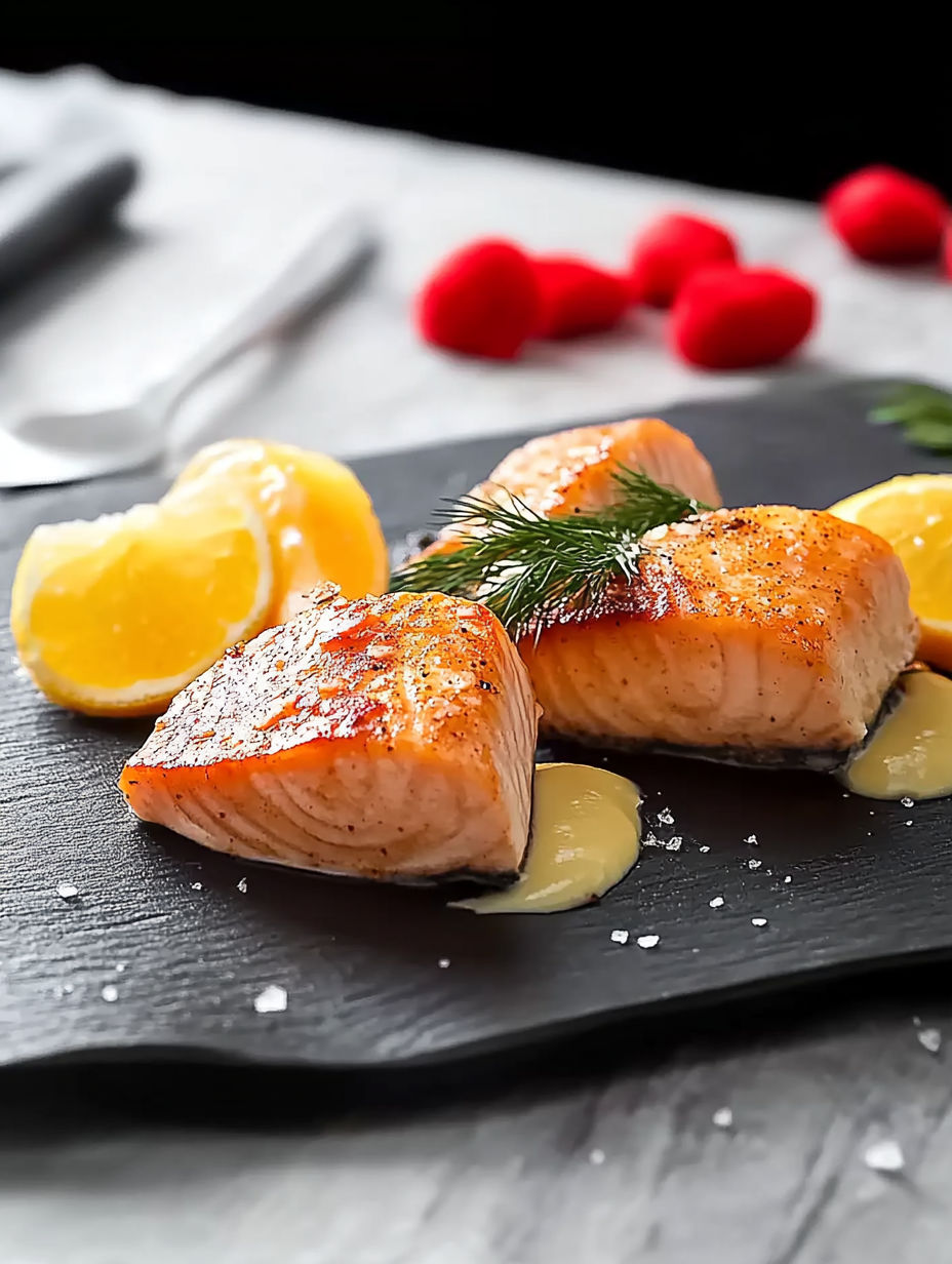 A plate of fish with lemon and herbs.