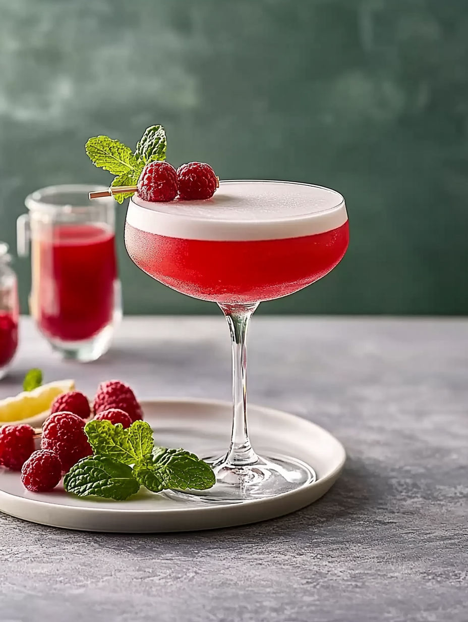 A glass of red wine with a raspberry on top.