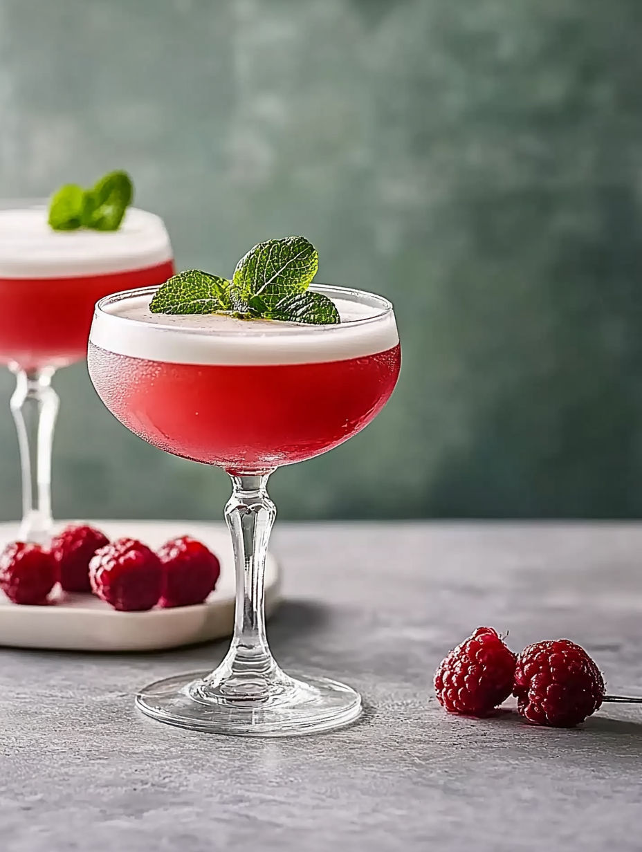 Two glasses of red wine with mint garnish.