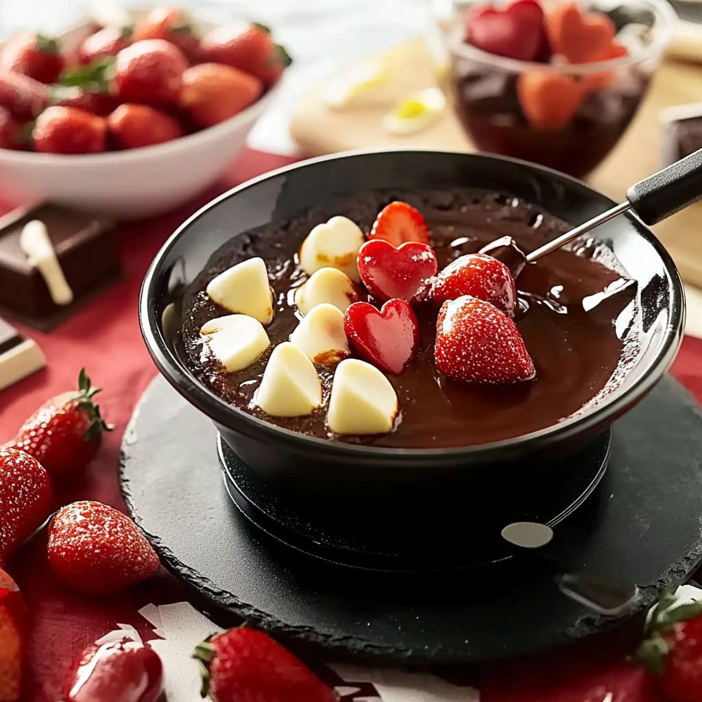 A bowl of chocolate fondue with strawberries on top.