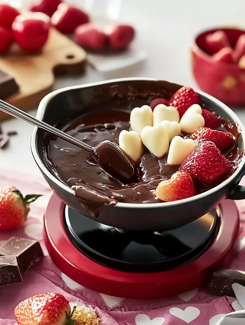 A bowl of chocolate with white hearts and strawberries.