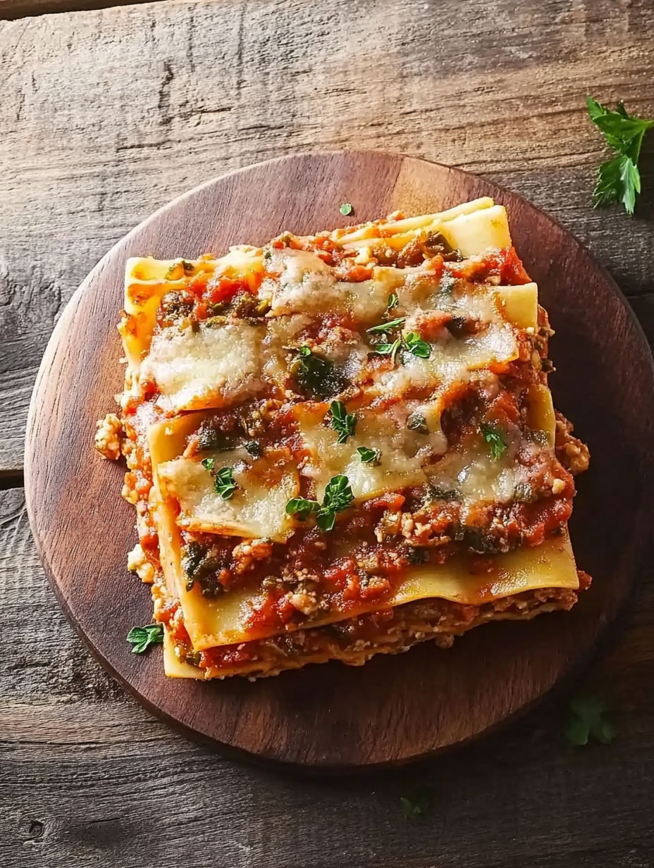 A square of lasagna with cheese and meat.