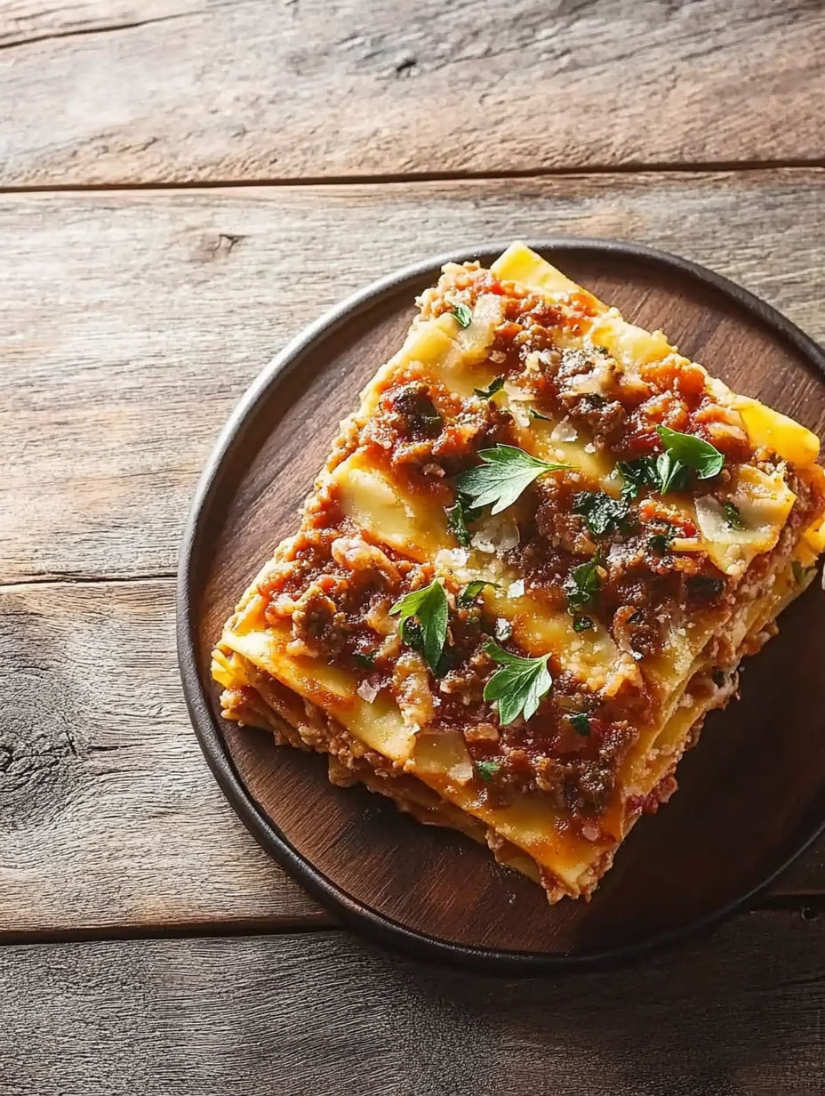 A square plate of lasagna with a wooden background.