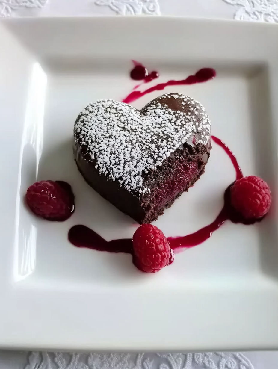 A heart shaped chocolate dessert with white powdered sugar on top.