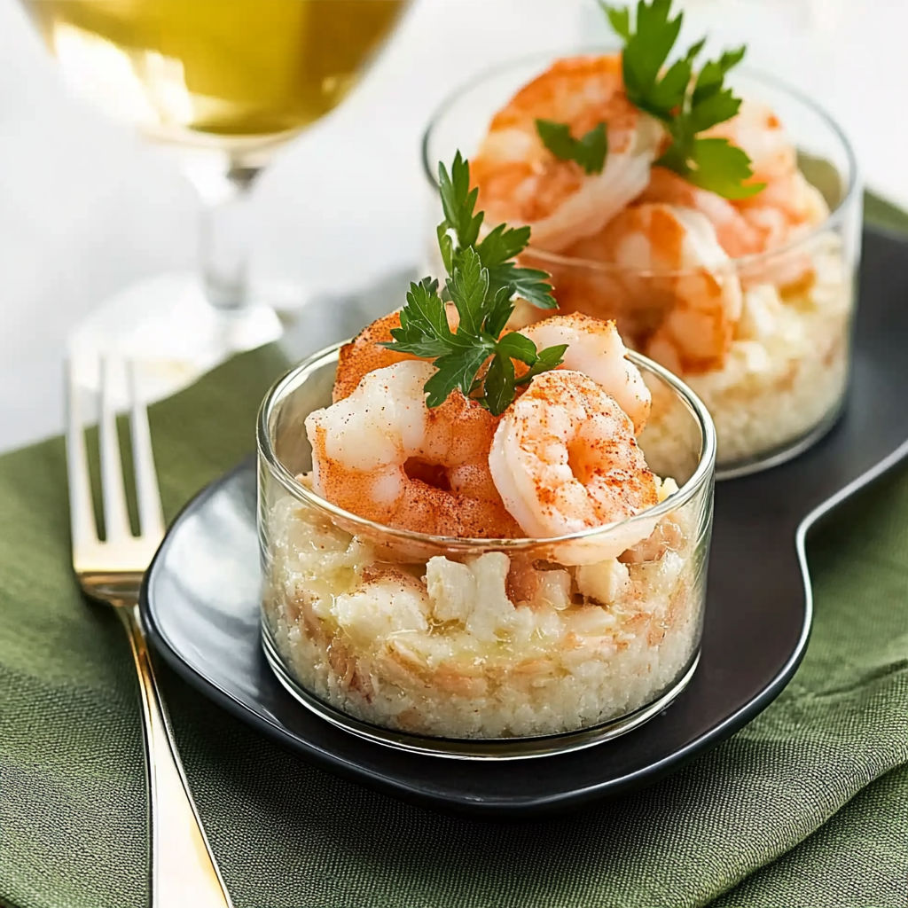 A glass of shrimp and rice.
