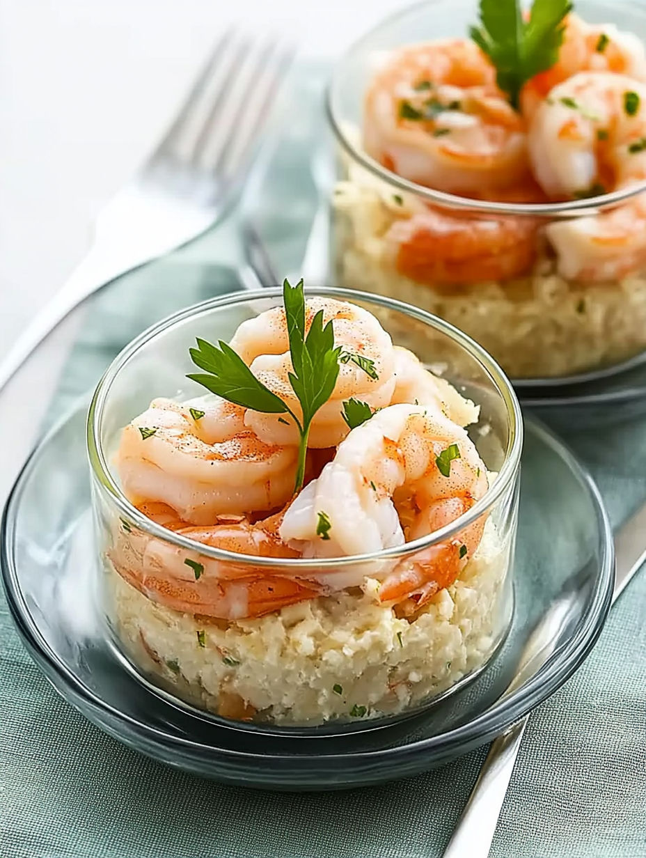 A plate with two bowls of shrimp and rice.
