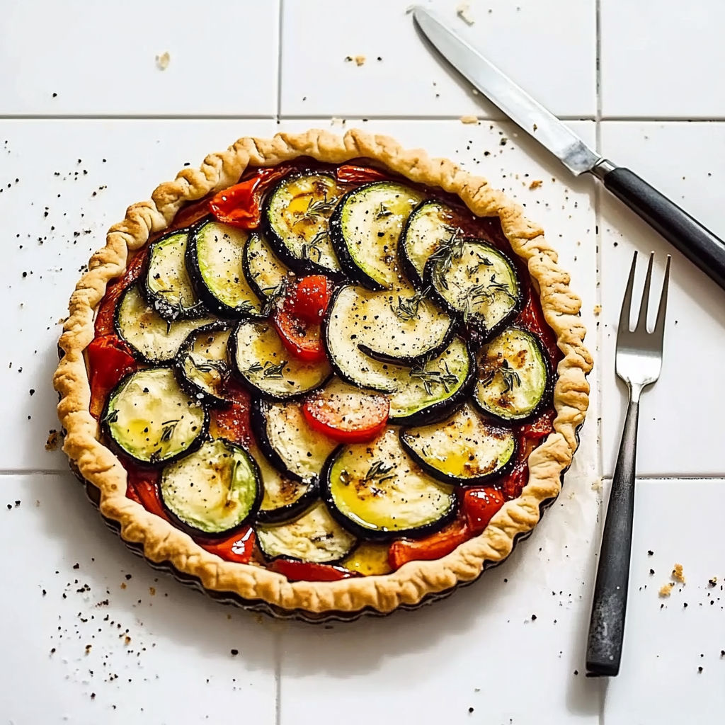 A pie with zucchini and tomatoes.