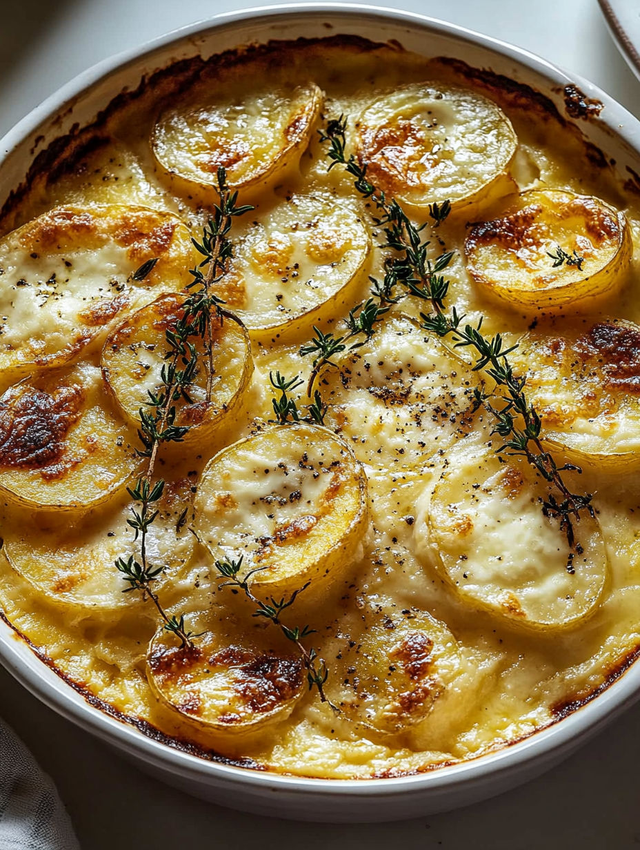 A dish of gratin pommes de terre camembert.