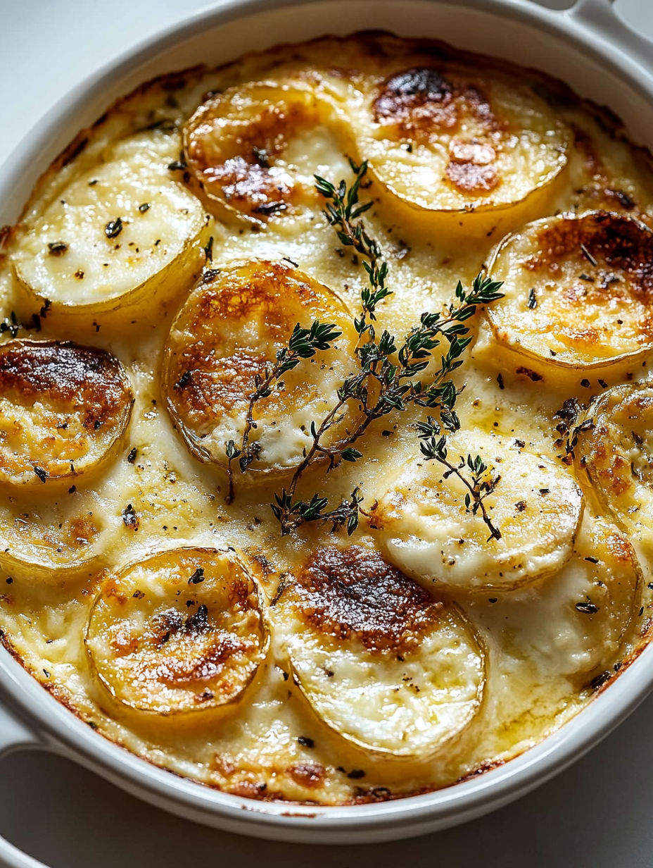 A dish of potatoes and cheese.