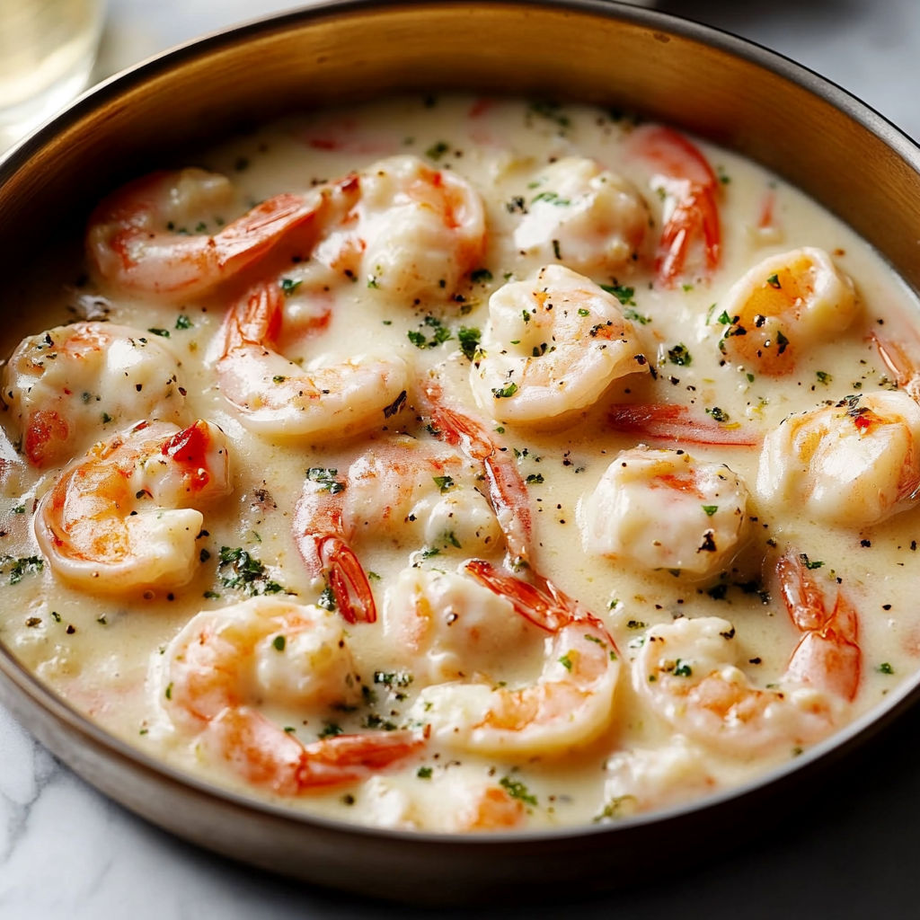 A bowl of shrimp and cream sauce.