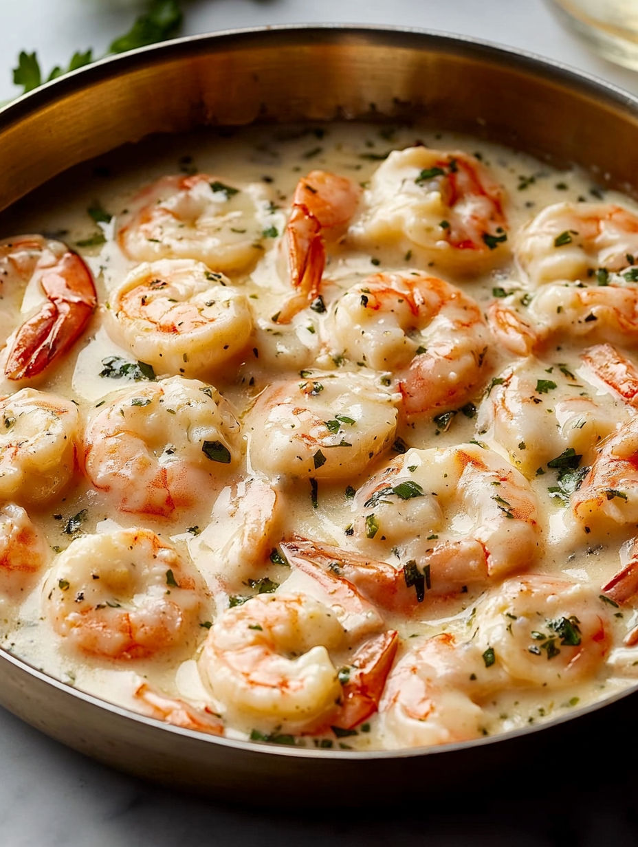 A close up of a pan of shrimp and sauce.