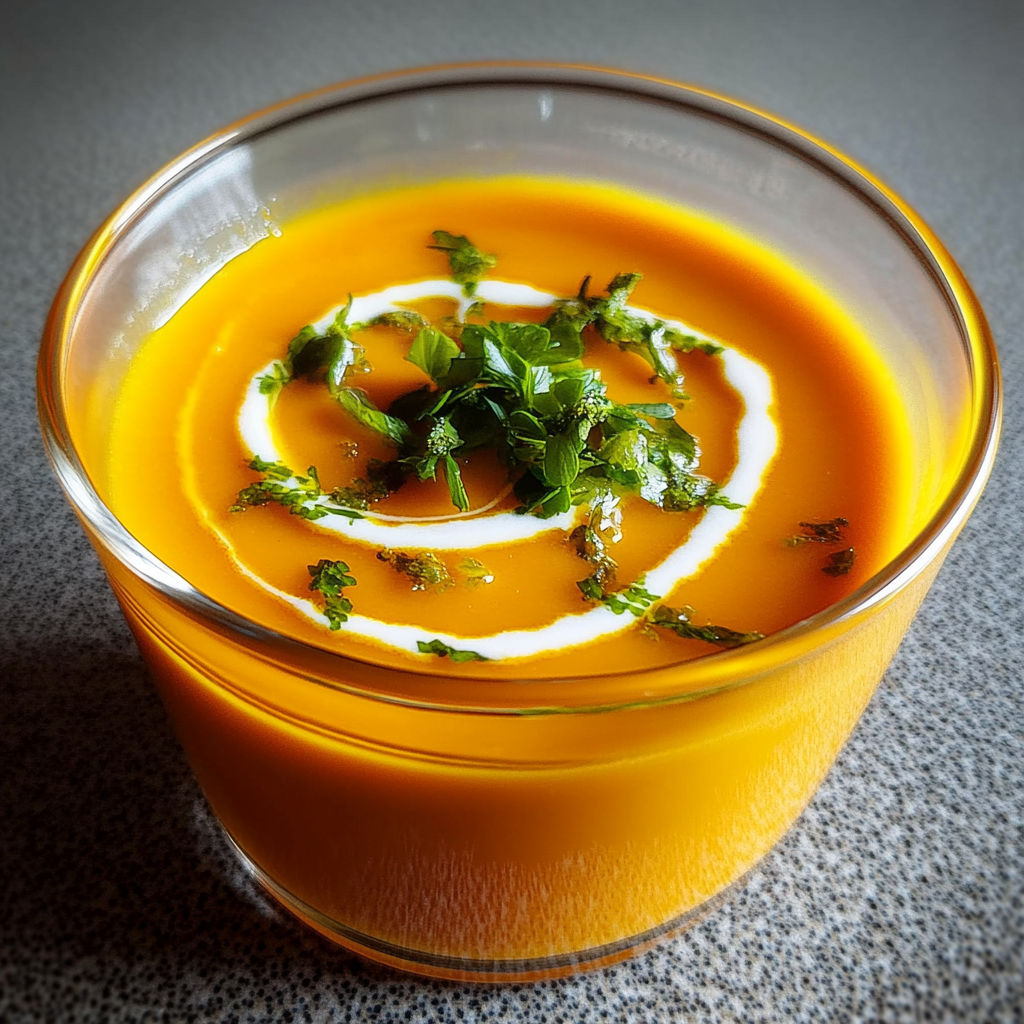 A bowl of soup with a green garnish.