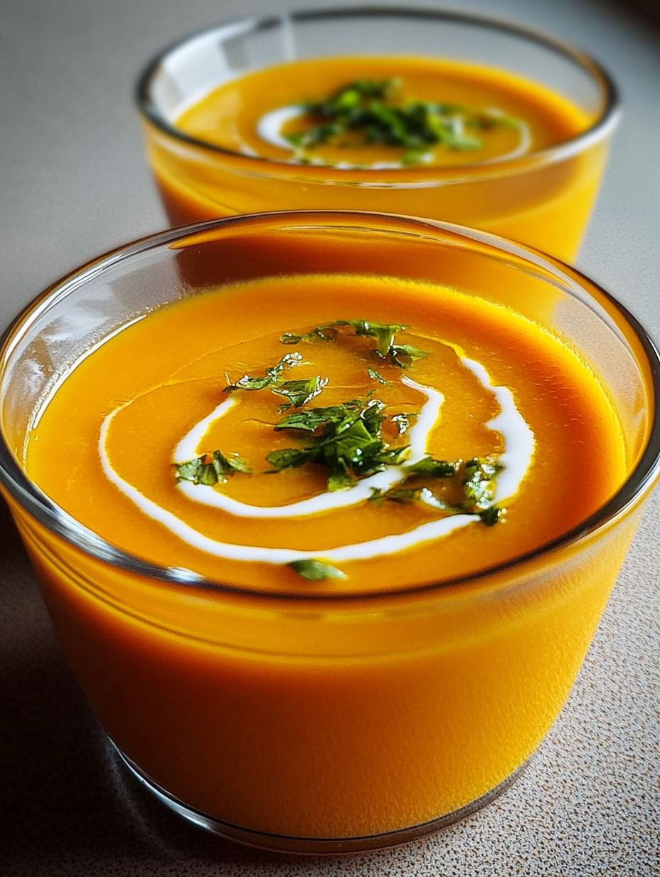 A bowl of soup with a green garnish.