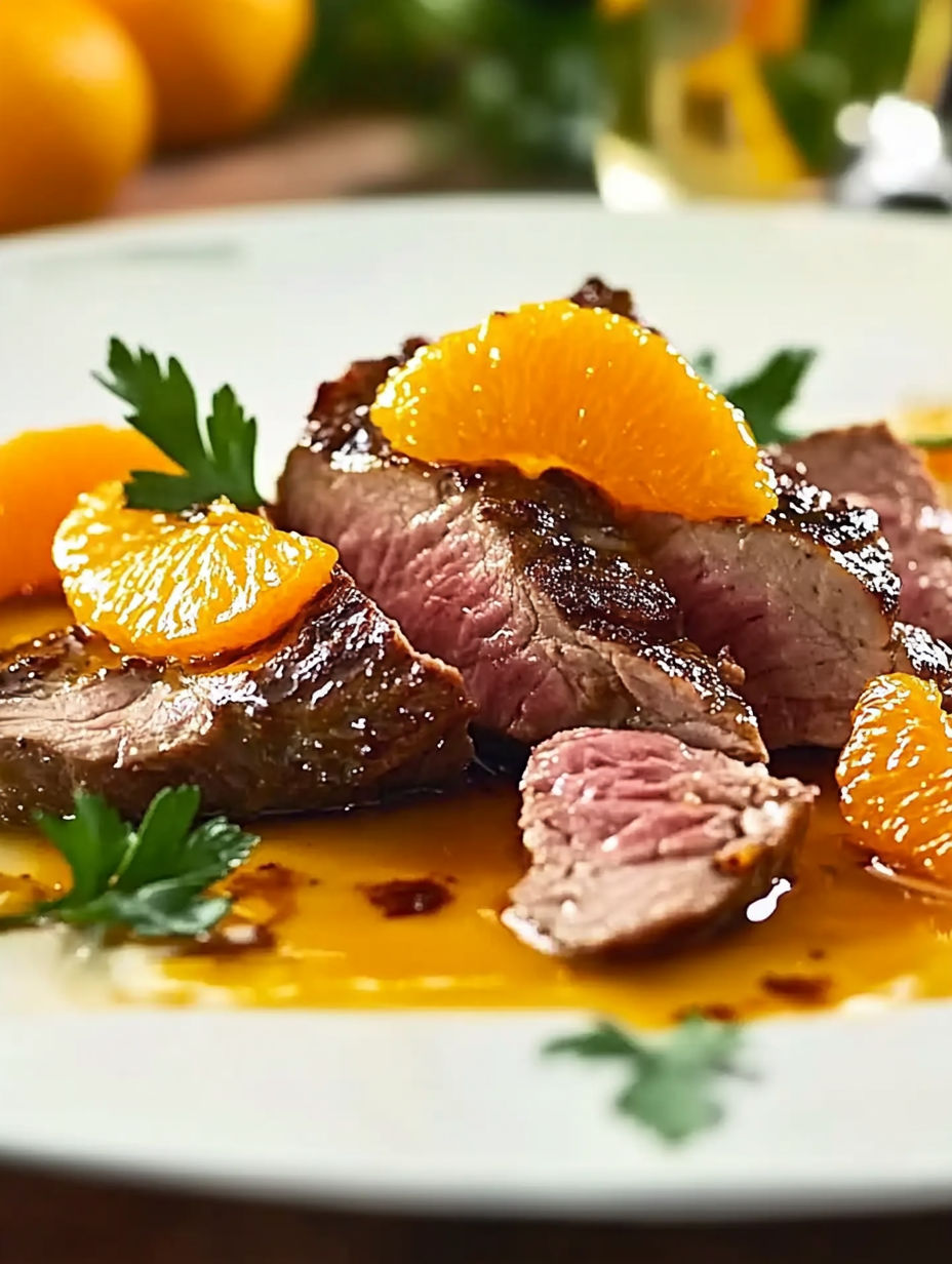 A plate of meat with oranges on top.