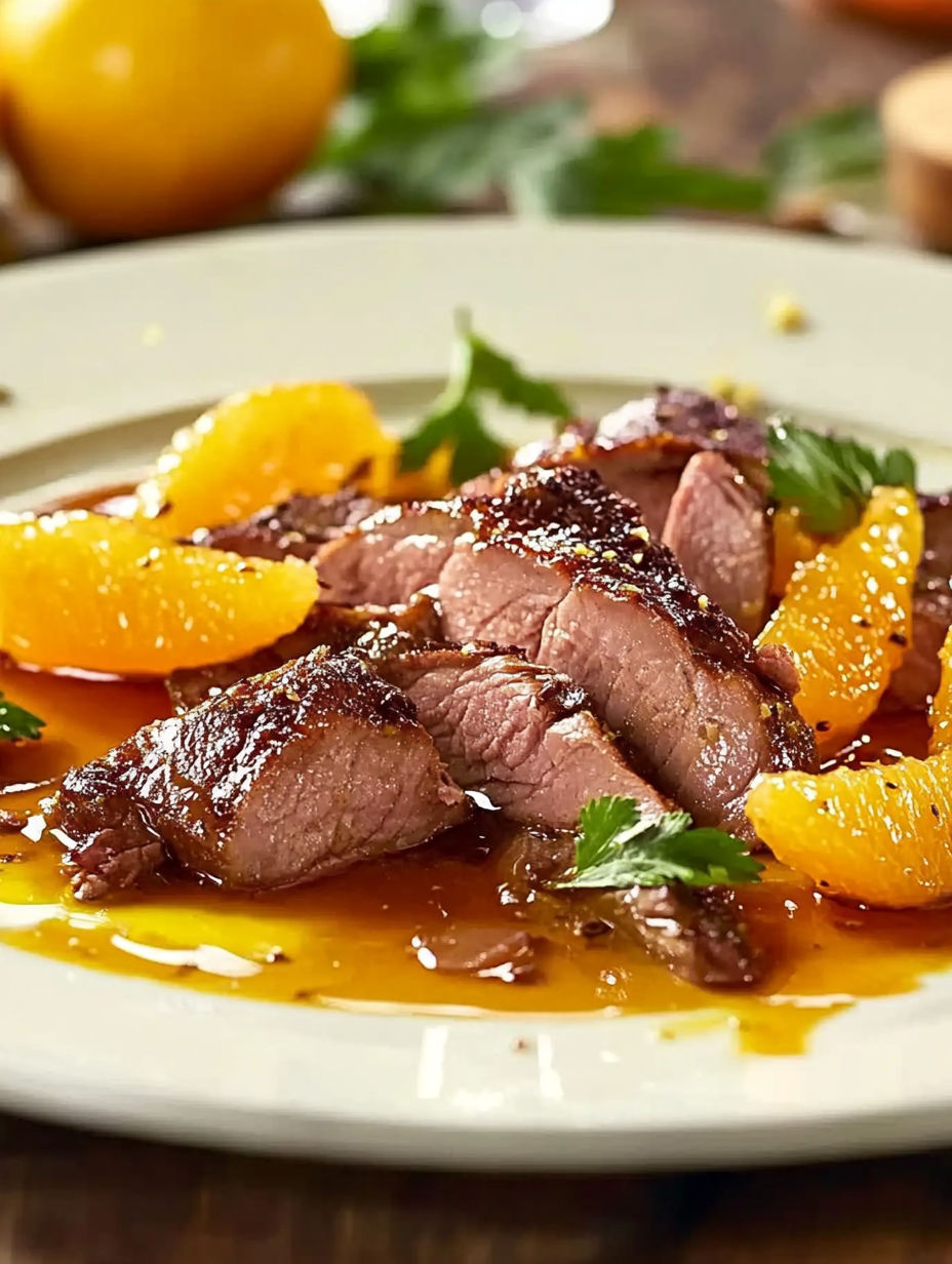 A plate of meat with oranges on top.