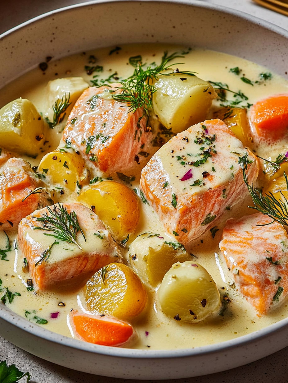 A bowl of food with fish, potatoes, and carrots.