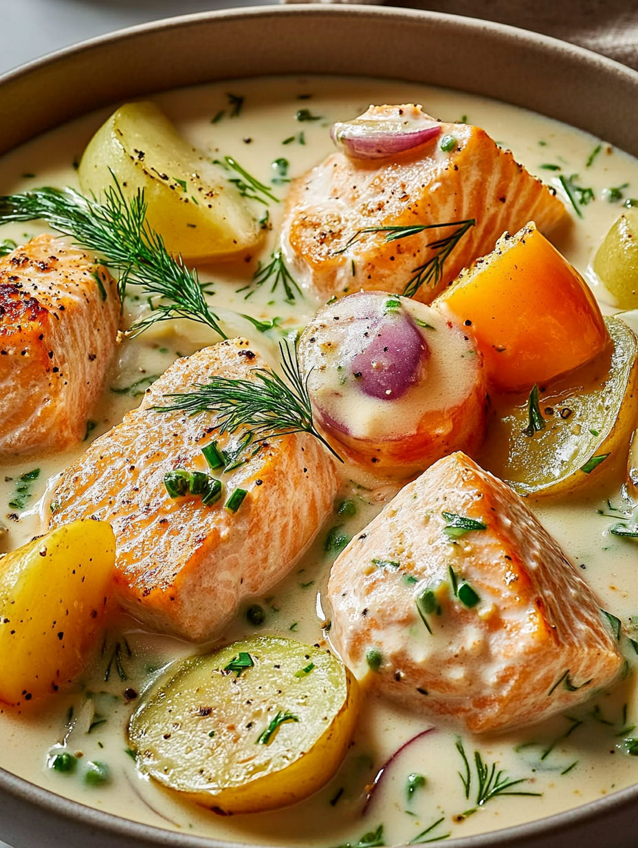 A bowl of food with fish, potatoes, and onions.