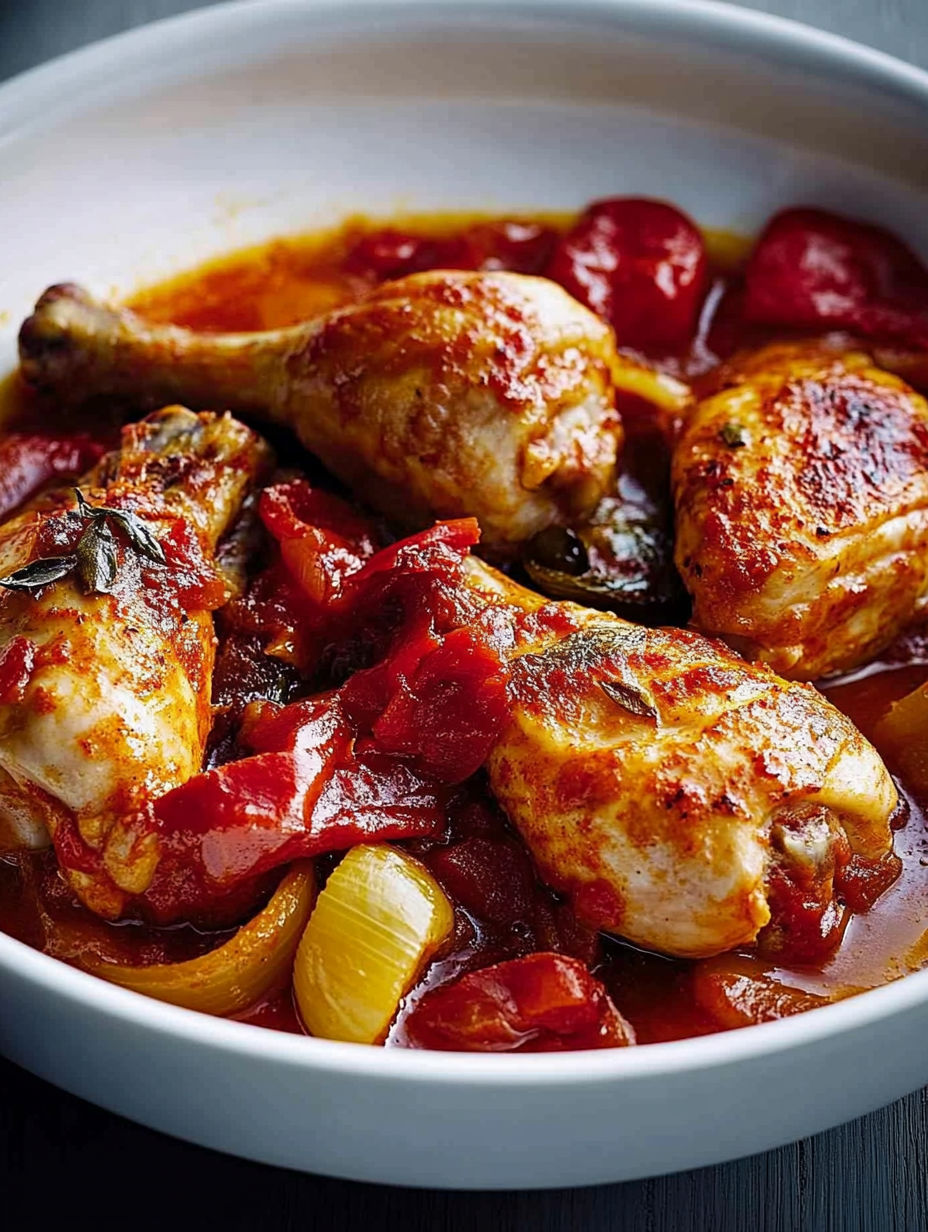 A bowl of chicken with red sauce.