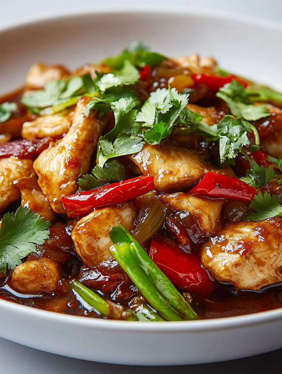 A plate of food with chicken and peppers.