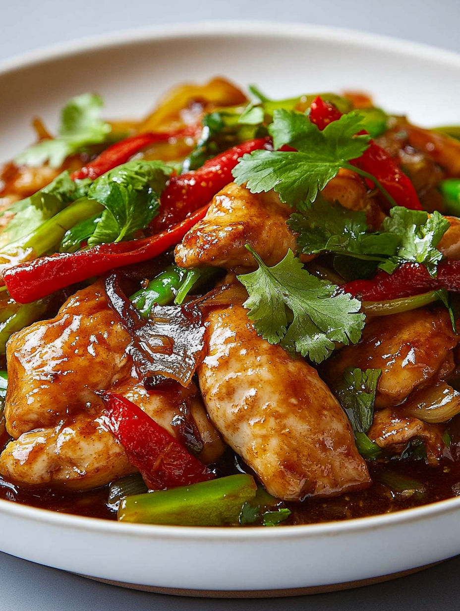 A plate of food with chicken and peppers.