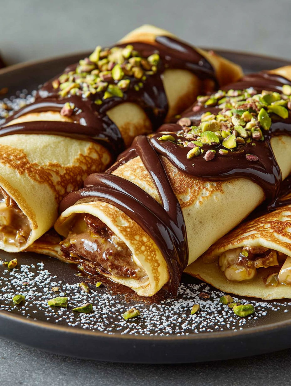 A plate of food with chocolate drizzled on top.